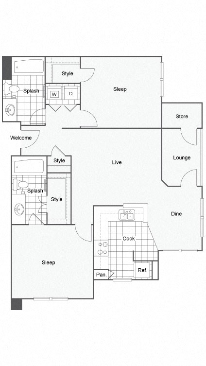 Floor plan for 2 beds, 2 baths, 1034 sqft